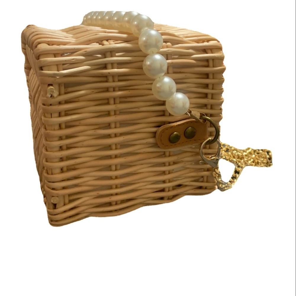 1 left! Faux Pearl Rattan Khaki Small Bucket Bag - Picture 11 of 16